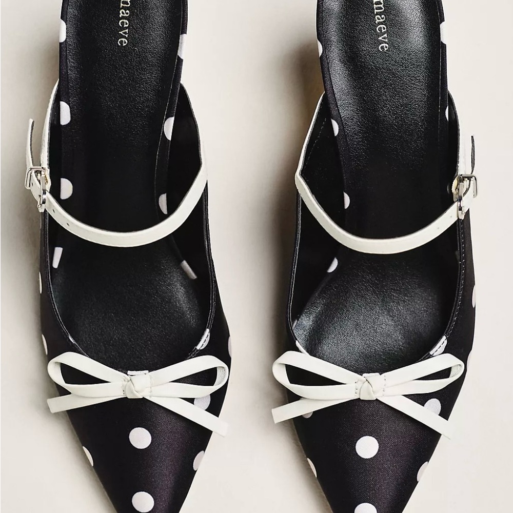 Maeve Bow Kitten-Heel Mules | Black and White Polka Dot Size 7 - Picture 3 of 3